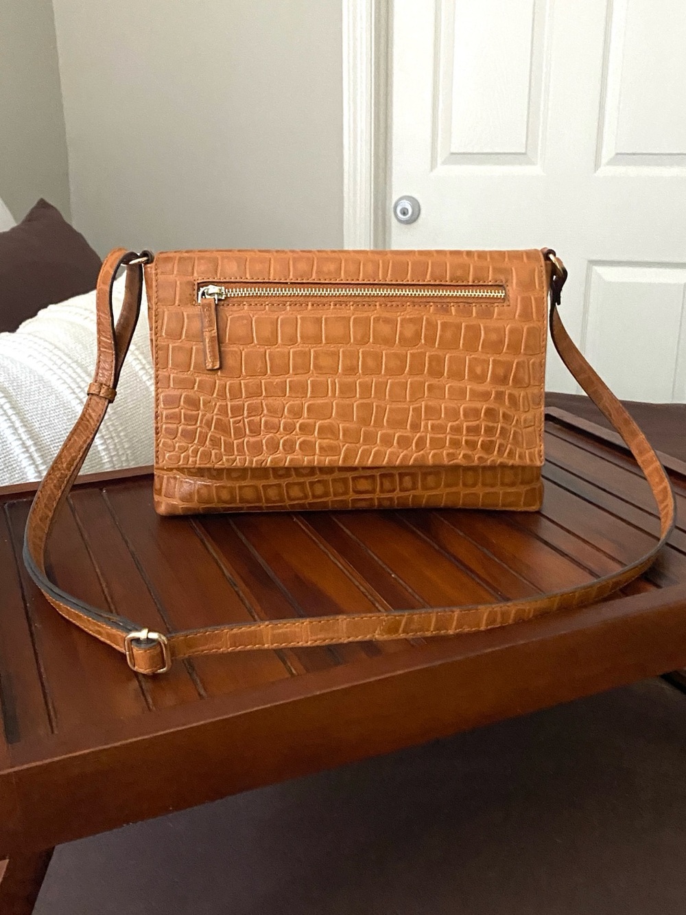 Ashwood Cognac Croc Effect Genuine Leather Crossbody Shoulder Bag